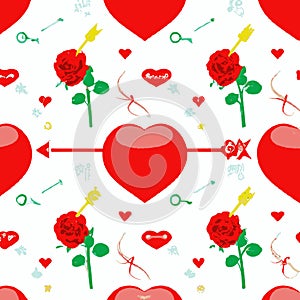 Roses and hearts on a white background