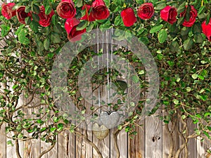 Roses and a hearts on wooden board, Valentines Day holiday background