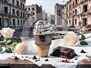 roses and ice cream in a city with buildings destroyed by war symbolize mourning for children