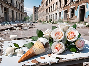 roses and ice cream in a city with buildings destroyed by war symbolize mourning for children