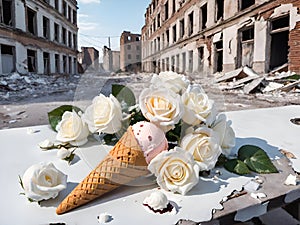 roses and ice cream in a city with buildings destroyed by war symbolize mourning for children