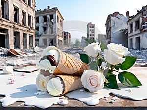 roses and ice cream in a city with buildings destroyed by war symbolize mourning for children