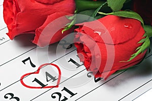 Roses lay on the calendar with the date of February 14 Valentine
