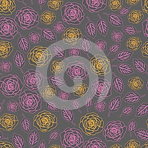 Roses and Leaves Silhuette-Flowers in Bloom Seamless Repeat Pattern. Pattern Background.