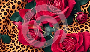 Roses on a leopard print background. Generative AI