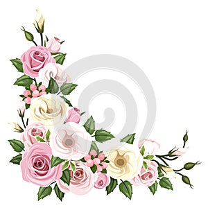 Roses and lisianthus flowers. Vector corner background.