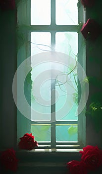 Roses - Overgrown window in an abandoned house - digital art