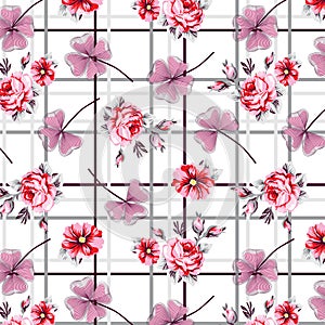 Roses Pattern with clovers drawings on plaid bsckground