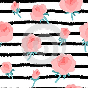 Roses peonies on a background of black and white stripes. Vector seamless pattern in simple hand-drawn style. Cartoon