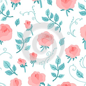 Roses peonies with leaves seamless pattern. Vector hand-drawn illustration isolated on white background. Colorful cute