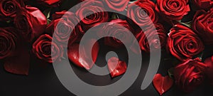 Roses, petals and hearts on a dark background with copy space