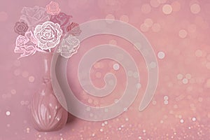 Roses in a real vase on a pink shine background