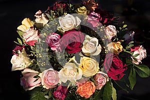 Roses in red, pink, yellow, white color. Bouquet of multicolored roses