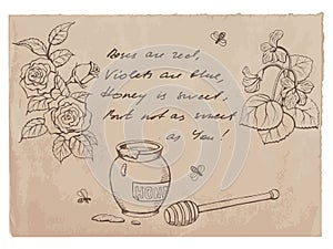 â€œRoses are red, violets are blue..â€ rhyme and drawings on old paper background