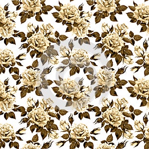 Roses - repeating floral background in vintage sepia colors. Watercolor