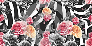 Roses seamless pattern on zebra background. Animal abstract print.