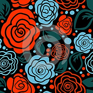 Roses simple seamless pattern hand drawing on a black background. Not AI, Vector illustration