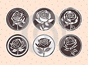 Roses sticker set.Rose flower outline contour silhouette in circle.Floral stencil