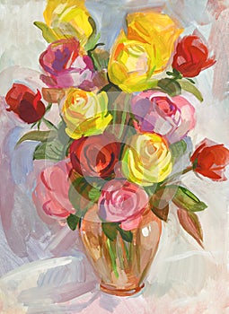 Roses in a transparent jug. Still life. Gouache painting photo