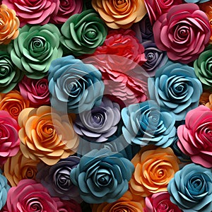 Vibrant Paper Roses Background With Colorful Woodcarvings photo