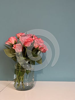 roses in a vase against the wall
