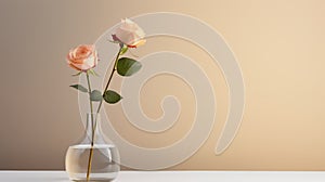 Roses in a vase on a white table and beige background with pastel colors concept