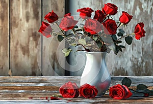 Roses in a vase on a wooden table in country house