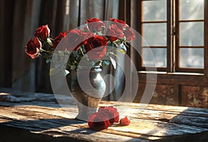 Roses in a vase on a wooden table in country house