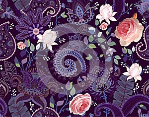 Roses vector pattern. Paisley and roses. Colorful seamless floral wallpaper, backdrop