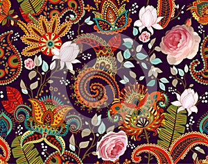 Roses vector pattern. Paisley and roses. Colorful seamless floral wallpaper, backdrop