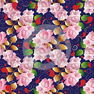 Roses vector seamless pattern. Floral dark blue vintage background. Roses wallpaper. Red paisley flowers with pink 3d roses, gold