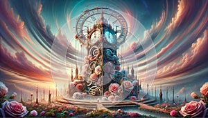 Roses of Wonder: AI Crafted Fantasy Clock Tower Amidst Enigmatic Rose Trees photo