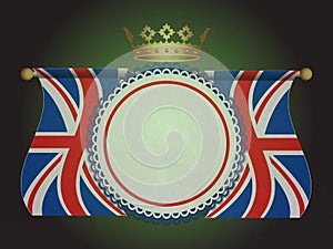 Rosette banner with union jack flags and crown