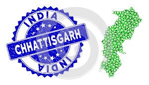 Rosette Distress Stamp And Green Vector Polygonal Chhattisgarh State Map mosaic