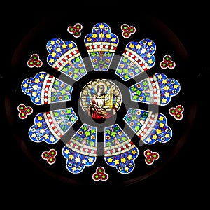 Rosette, geometric ornamental stained glass window, Church St. Lambertus, Mettmann, Germany