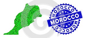 Rosette Grunge Badge and Green Vector Lowpoly Morocco Map mosaic