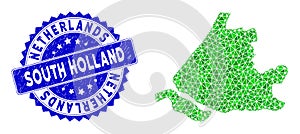 Rosette Grunge Seal Imprint and Green Vector Triangle Filled South Holland Map mosaic