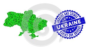 Rosette Grunge Stamp with Green Vector Polygonal Ukraine Map with Crimea mosaic