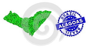 Rosette Grunge Stamp Seal And Green Vector Lowpoly Alagoas State Map mosaic