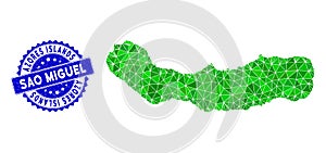 Rosette Grunge Stamp Seal with Green Vector Polygonal Sao Miguel Island Map mosaic
