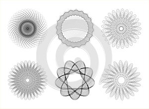 Rosette Guilloche Spirograph Vector Monochrome Graphic Element Set For Certificate, Gift Vouchers, Currency, Diploma, Gift