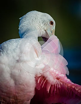 Rosette spoonbill lifts pink feather while preening
