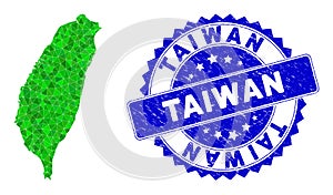 Rosette Textured Badge with Green Vector Triangle Filled Taiwan Island Map mosaic