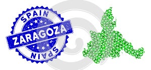 Rosette Textured Stamp With Green Vector Polygonal Zaragoza Province Map mosaic