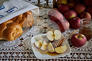 Rosh Hashana Holiday Table with Apples and Honey