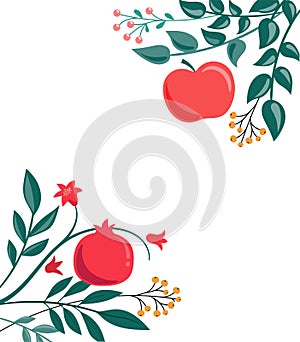 Rosh Hashana, Jewish New Year greeting card with pomegranate, apple and flowers. Vector illustration