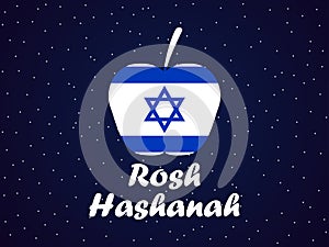 Rosh Hashanah. Greeting card design Jewish New Year. Shana Tova. Israel Flag and apple. Vector illustration