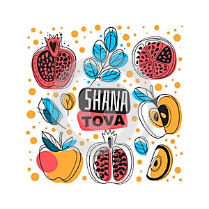 Rosh hashanah. Happy Shana Tova blessing and sweet new year, greeting card banner or poster with jewish holiday symbols