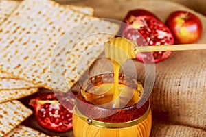 rosh hashanah jewesh holiday concept - honey, apple and pomegranate