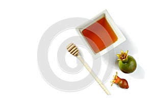 Rosh hashanah (jewesh holiday) concept - honey and pomegranate isolated on white. traditional holiday symbols.